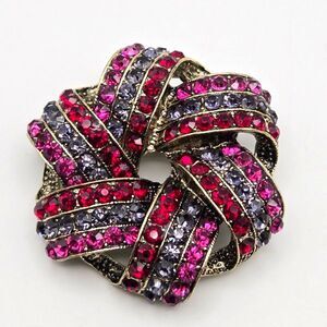 Vintage Monet Rhinestone Brooch Red Purple Pink Gold Tone Ribbon Wreath Signed